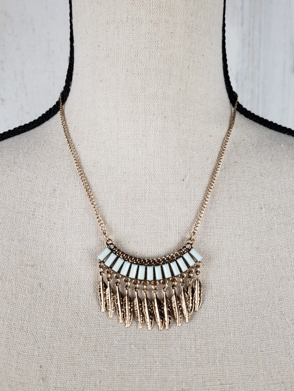 Gold Fringe Statement Necklace with Light Green Accents